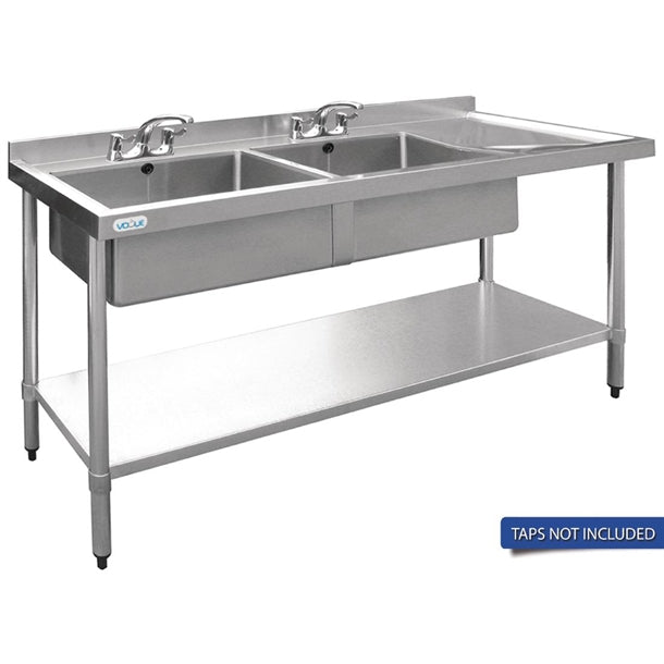 Vogue Double Bowl Sink R/H Drainer - 1800mm x 700mm (90mm Drain) - Hospitality Connect