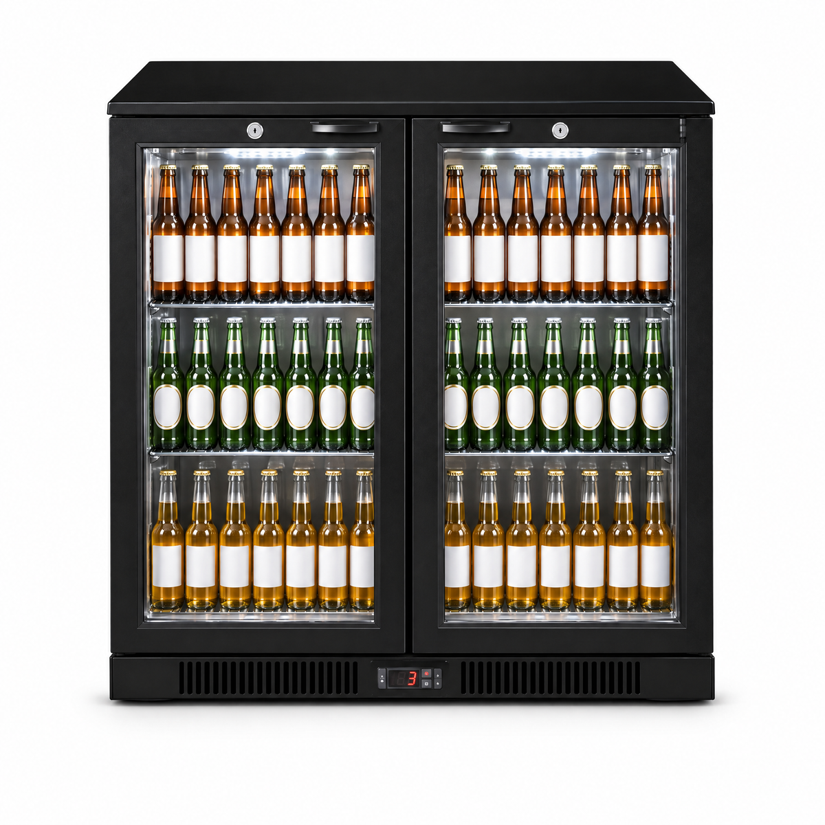 Thermaster Under Bench Two Door Bar Cooler LG-208HC, backbar refrigeration unit with glass doors and stainless steel finish