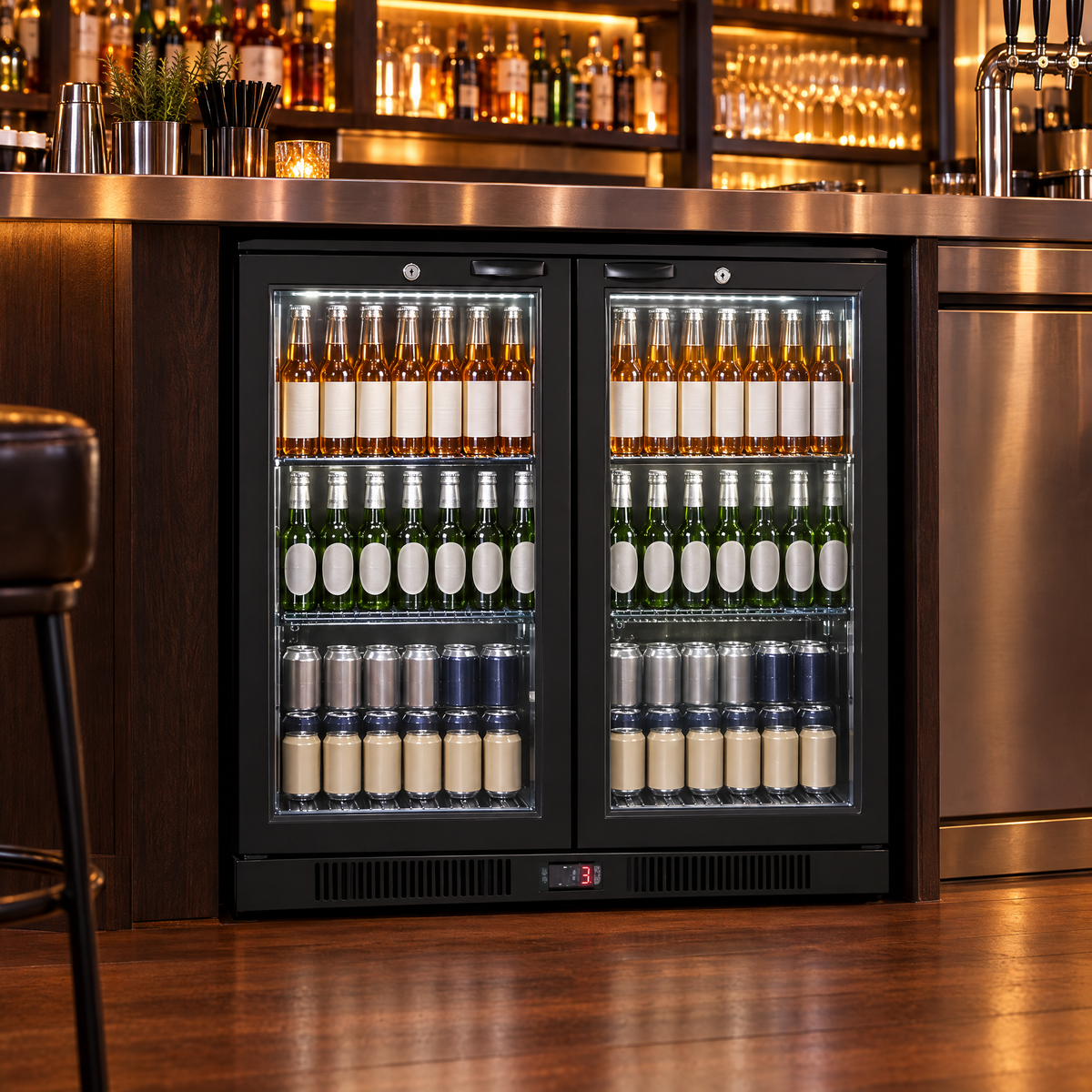 Thermaster Under Bench Two Door Bar Cooler LG-208HC for backbar refrigeration, with glass doors and stainless steel finish.