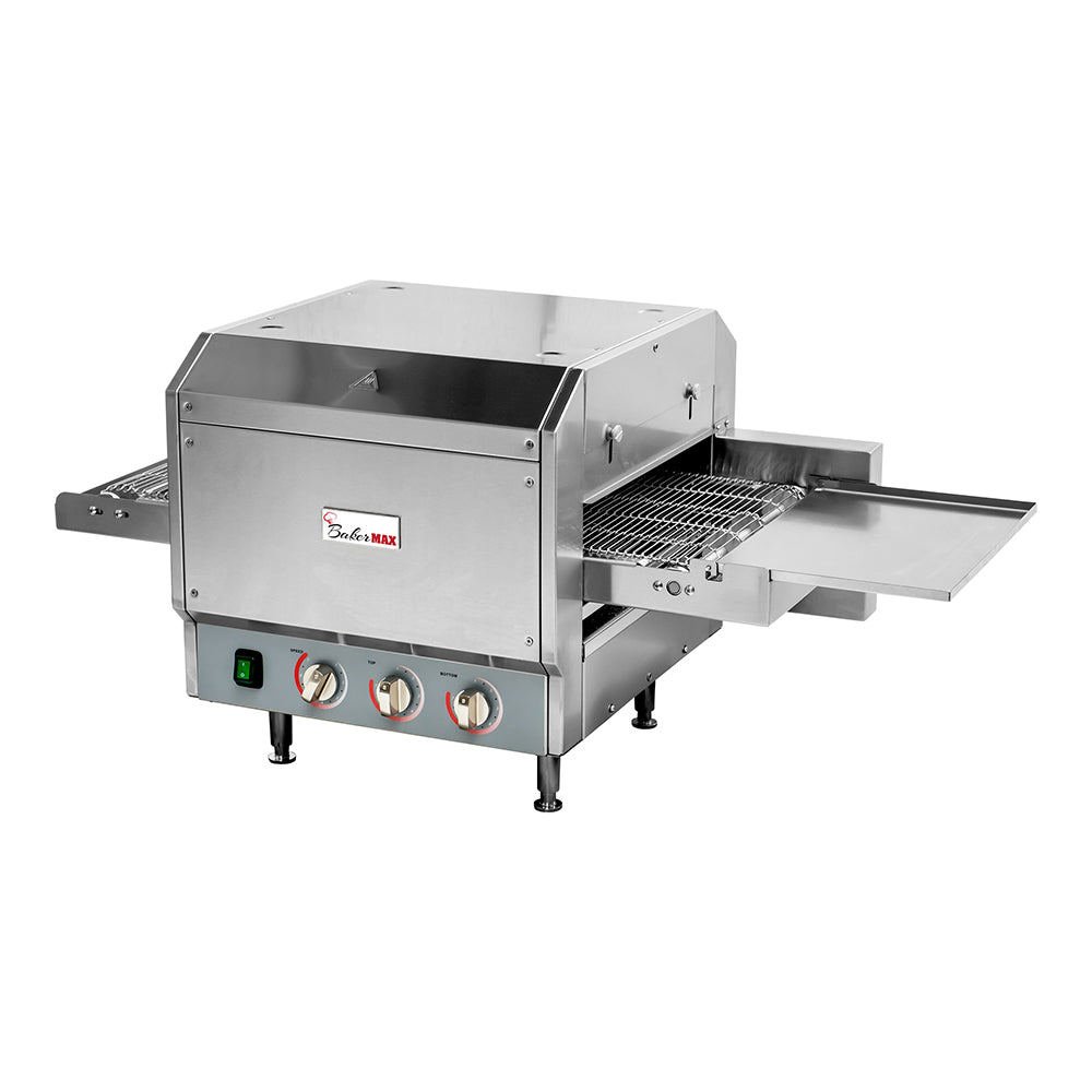 BakerMax HX-14EP electric conveyor pizza oven with stainless steel exterior and conveyor belt for baking pizzas evenly.