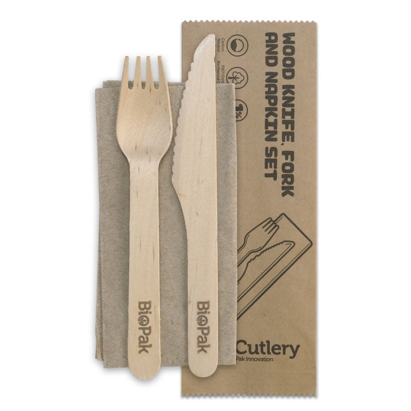BIOPAK 16cm Coated Wood Knife, Fork & Napkin Set 1000 Units - Hospitality Connect