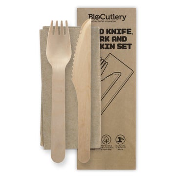 BIOPAK 16cm Wood Knife, Fork & Napkin Set 400 Units - Hospitality Connect