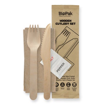BIOPAK 16cm Coated Wood Knife, Fork, Napkin, Salt & Pepper Set 400 units - Hospitality Connect