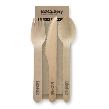 BIOPAK 16cm Wood Knife, Fork, Spoon & Napkin Set 400 Units - Hospitality Connect
