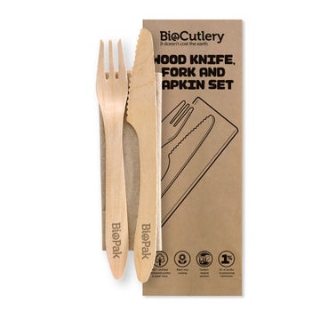 BIOPAK 19cm Coated Wood Knife, Fork & Napkin Set 400 units - Hospitality Connect