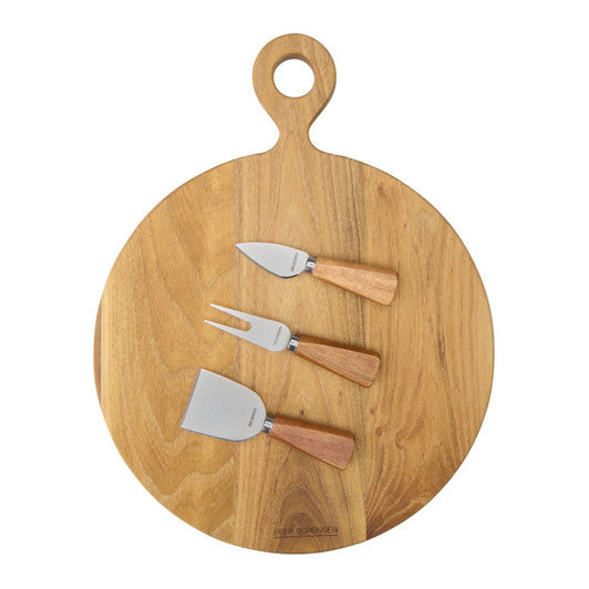 PEER SORENSEN 4 Pc Cheese Knife and Round Board Set, 41 x 32 x 1.9cm Teak - Hospitality Connect