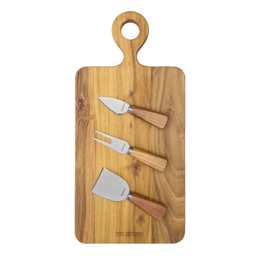 PEER SORENSEN 4 Pc Cheese Knife and Rectangular Board Set, 42 x 20 x 1.9cm Teak - Hospitality Connect