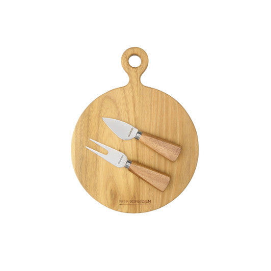 PEER SORENSEN 3 Pc Cheese Knife and Round Board Set, 26 x 20 x 1.5cm Teak - Hospitality Connect