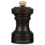 Cole & Mason Hoxton chocolate wood salt mill, 10.4cm tall, with a sleek design and adjustable grind for seasoning.