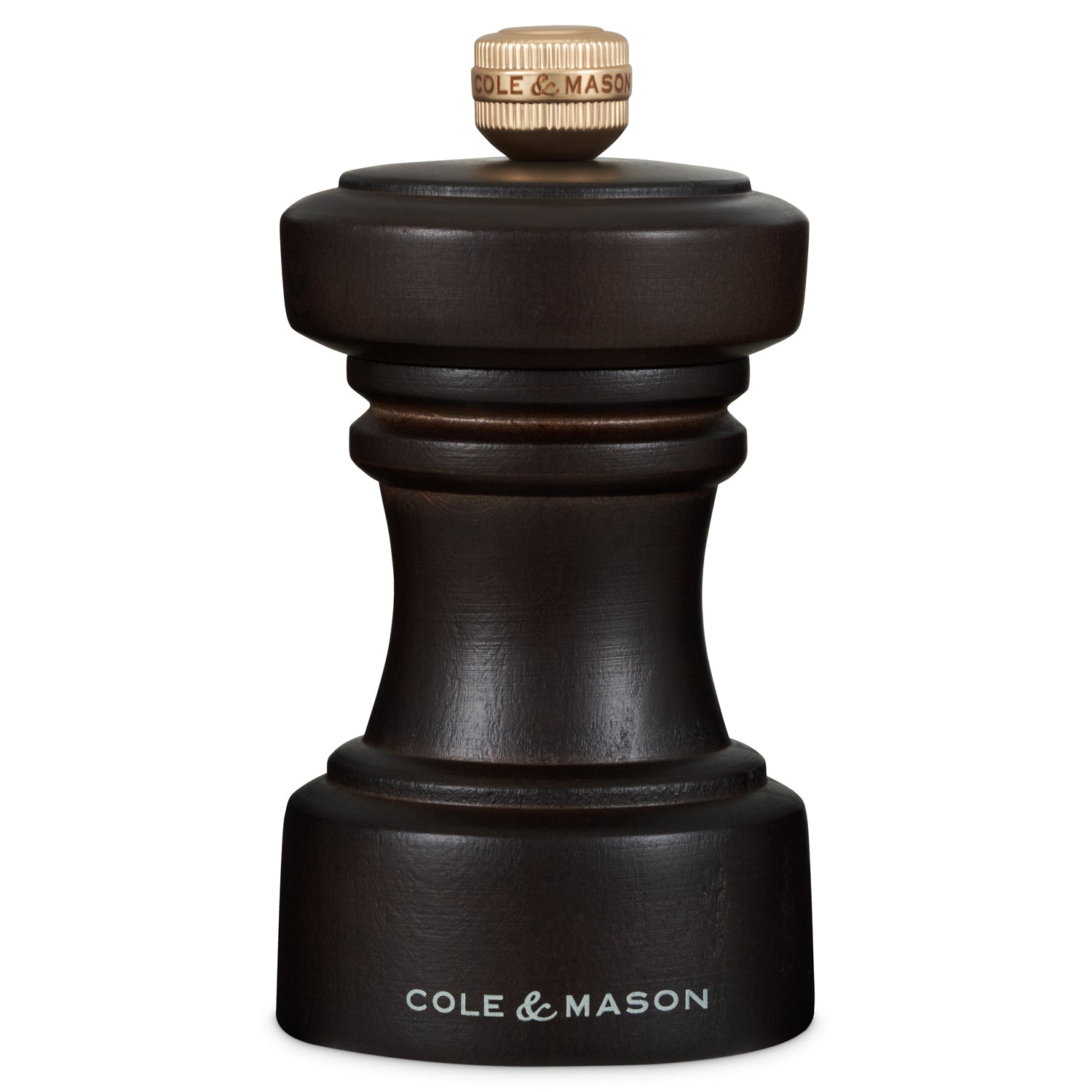 Cole & Mason Hoxton chocolate wood salt mill, 10.4cm tall, with a sleek design and adjustable grind for seasoning.