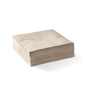Biopak 2-ply corner embossed cocktail napkins in natural color, stacked in a box of 2000 for events and catering.