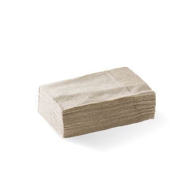 Biopak 1-ply compact D Fold dispenser napkins in natural color, box of 5000, shown in a box ready for use.