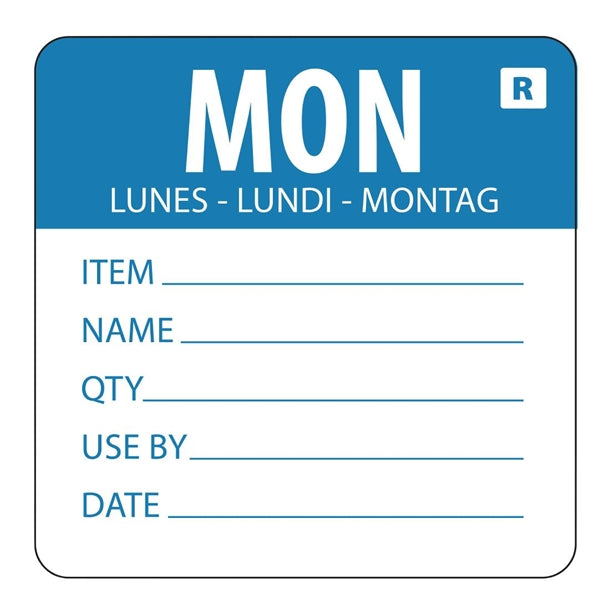 Hygiplas Day Of the Week Removable Food Prep Label Monday 2'' (Roll 500)