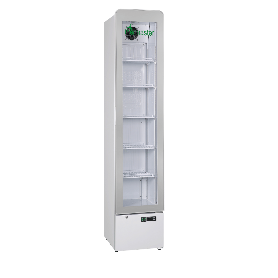 Thermaster SlimFit upright glass door beverage fridge with clear door and adjustable shelves, model LG166FA.