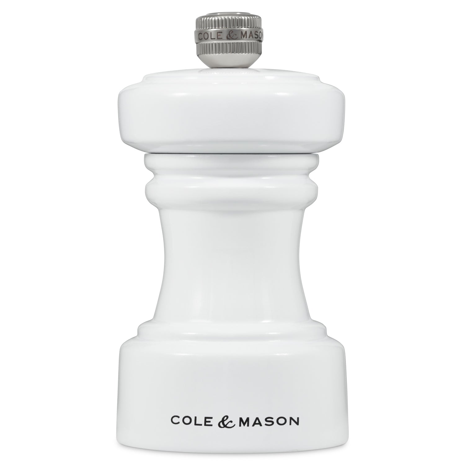 Cole & Mason Hoxton white gloss pepper mill, 10.4cm, with a sleek modern design and adjustable grind mechanism.