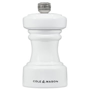 Cole & Mason Hoxton white gloss pepper mill, 10.4cm, with a sleek modern design and adjustable grind mechanism.