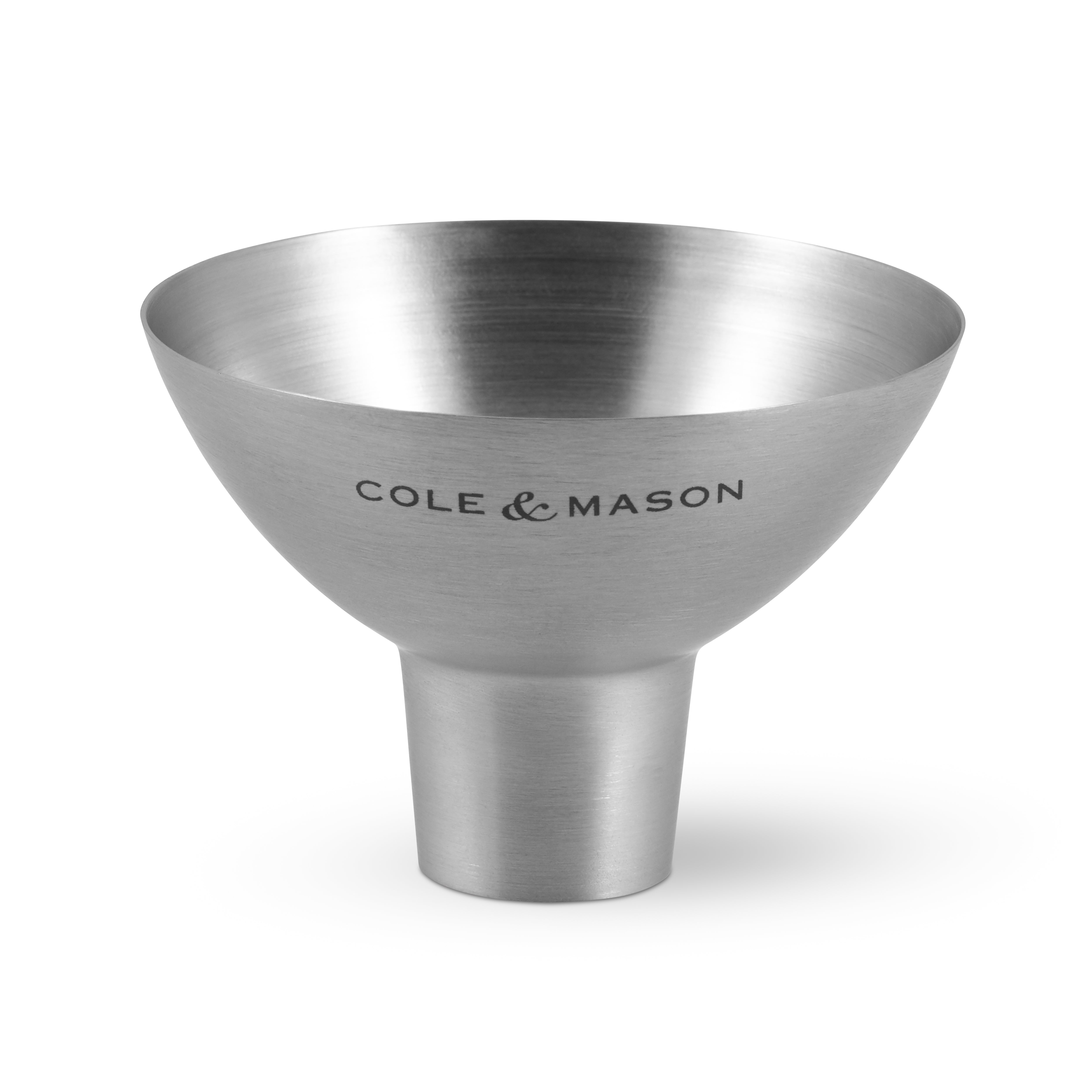 Cole & Mason stainless steel funnel clip strip with six salt and pepper shakers for kitchen seasoning.