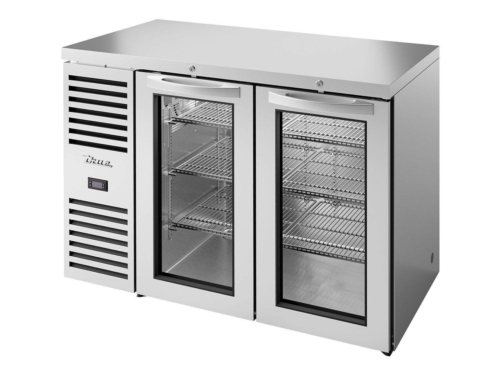 TRUE Bar Refrigerator, Stainless Steel Ext, 2 Glass Swing Doors TBR48-RISZ1-L-S-GG-2 - Hospitality Connect