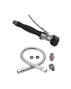 3Monkeez black trigger gun and 1000mm pre-rinse unit hose with adaptors for commercial kitchen fixtures.