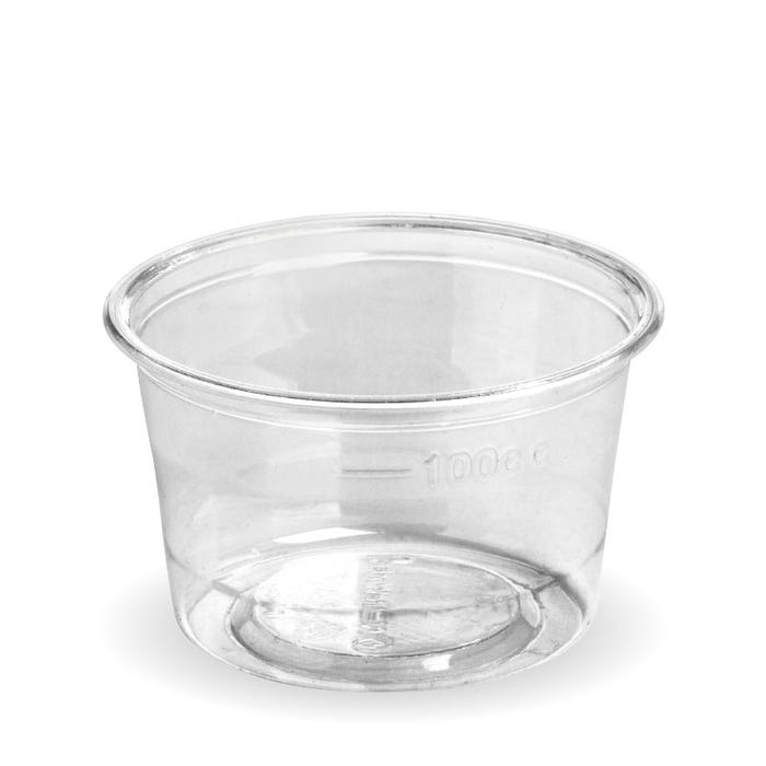 Biopak 140ml clear sauce cups in a box of 1000, biodegradable takeaway containers for sauces or condiments.