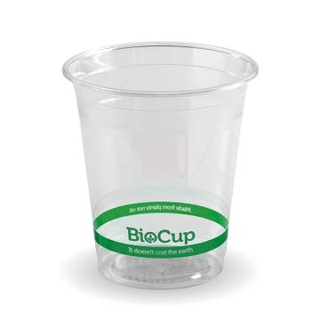 BioPak 200ml clear bio cup for cold beverages, box of 2000 disposable eco-friendly cups with lids and branding.