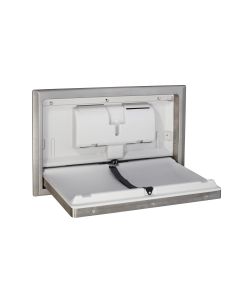 3Monkeez recessed horizontal baby change station with stainless steel cladding, antimicrobial coating, and HDPE construction.
