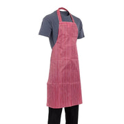 Red and white striped water-resistant chef apron by Whites Chefs, featuring adjustable neck straps and durable fabric for professional kitchen use.