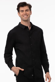 Black Chef Works Seville men's shirt with a classic collar and button front, shown on a model.