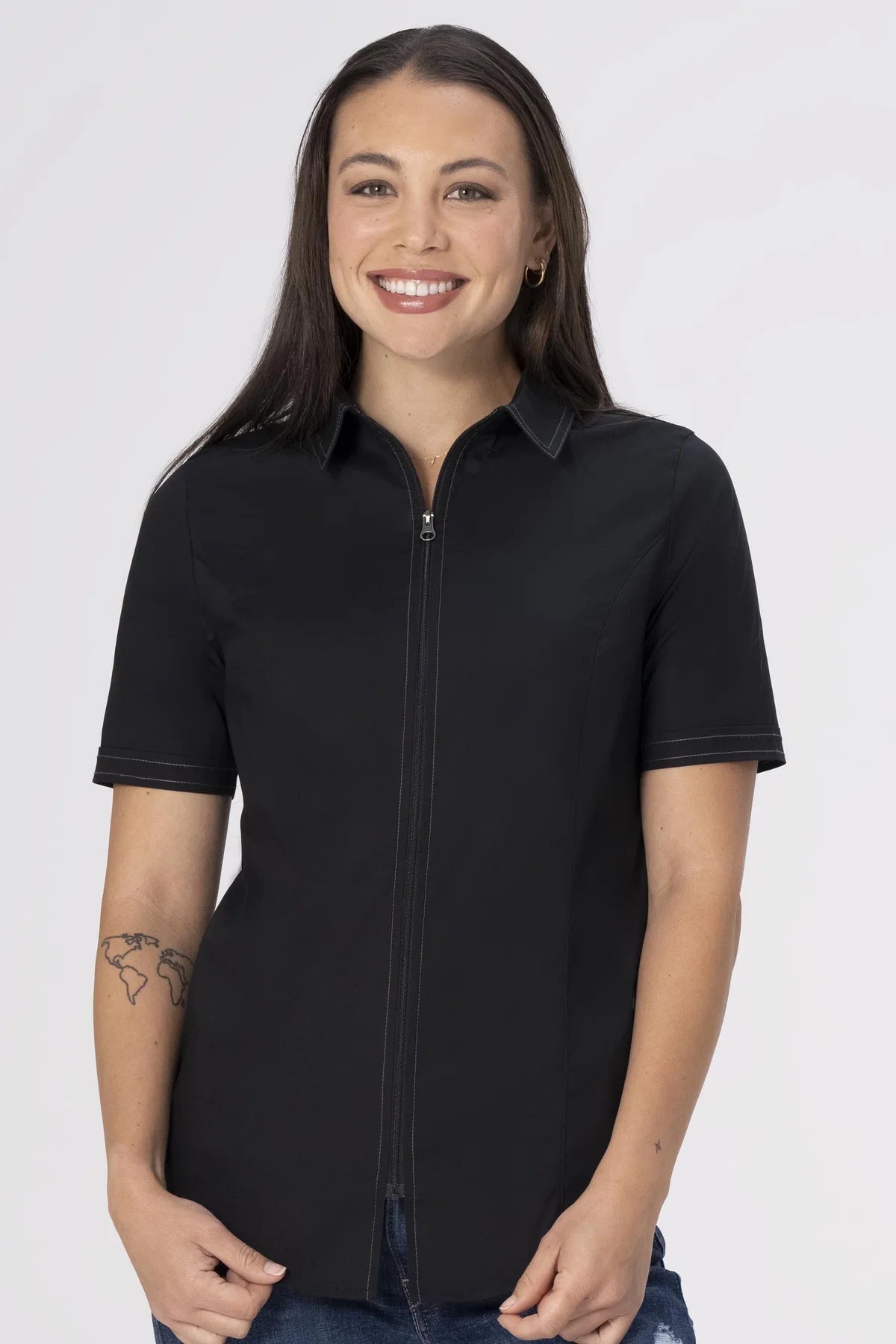Black Chef Works Cody women's zip work shirt, lightweight and collared, suitable for professional kitchen or culinary environments.