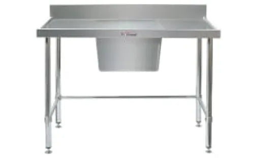Simply Stainless Single Sink Bench with Splashback 600 Series - 1500mm Wide - Centre Bowl Includes leg brace - Hospitality Connect