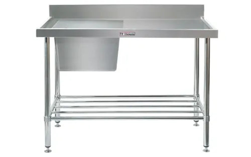 Simply Stainless Single Sink Bench with Splashback 700 Series - 1200mm Wide - Left Bowl Includes tube undershelf - Hospitality Connect