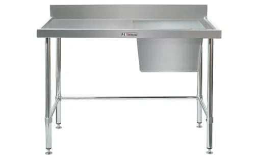 Simply Stainless Single Sink Bench with Splashback 600 Series - 1500mm Wide - Right Bowl Includes leg brace - Hospitality Connect