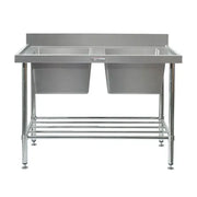 Simply Stainless Double Sink Bench with Splashback 600 Series - 2100mm Wide Includes tube undershelf - Hospitality Connect