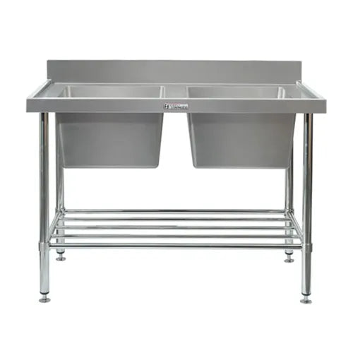 Simply Stainless Double Sink Bench with Splashback 700 Series - 2100mm Wide Includes tube undershelf - Hospitality Connect