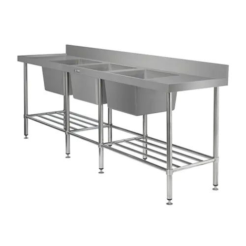 Simply Stainless Triple Bowl Sink Bench 700 Series 150mm high splashback with beveled edge - Hospitality Connect