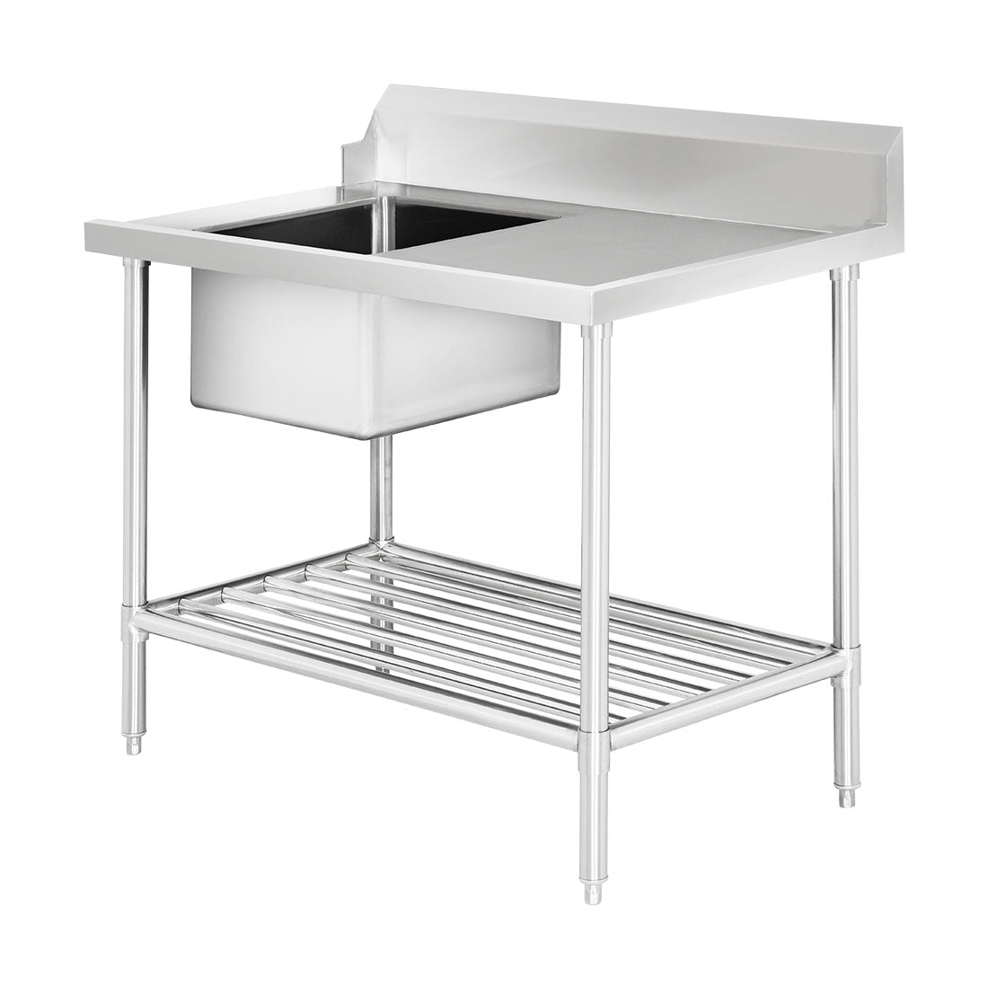Modular SSBD7-1200L/A single sink dishwasher bench in stainless steel with left inlet, showcasing durable construction and clean design.