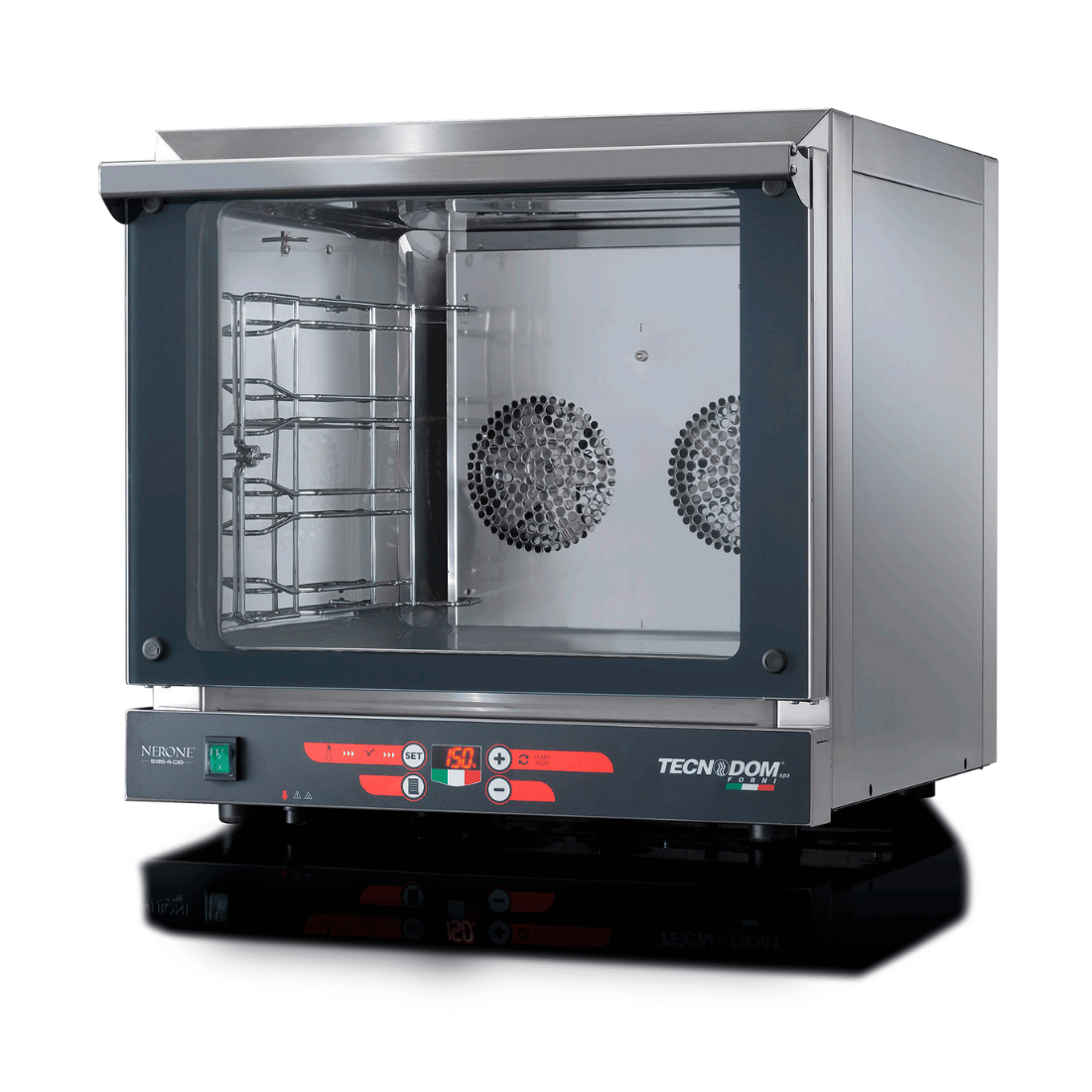 Front view of Tecnodom TDE-4CD/15 digital convection oven with 435x350 tray capacity and control panel.