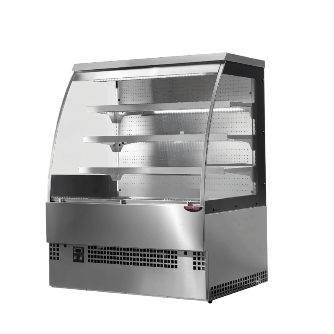 Tecnodom EVO Grab'n Go self-serve open display fridge with curved glass and sleek design, ideal for convenient product access.