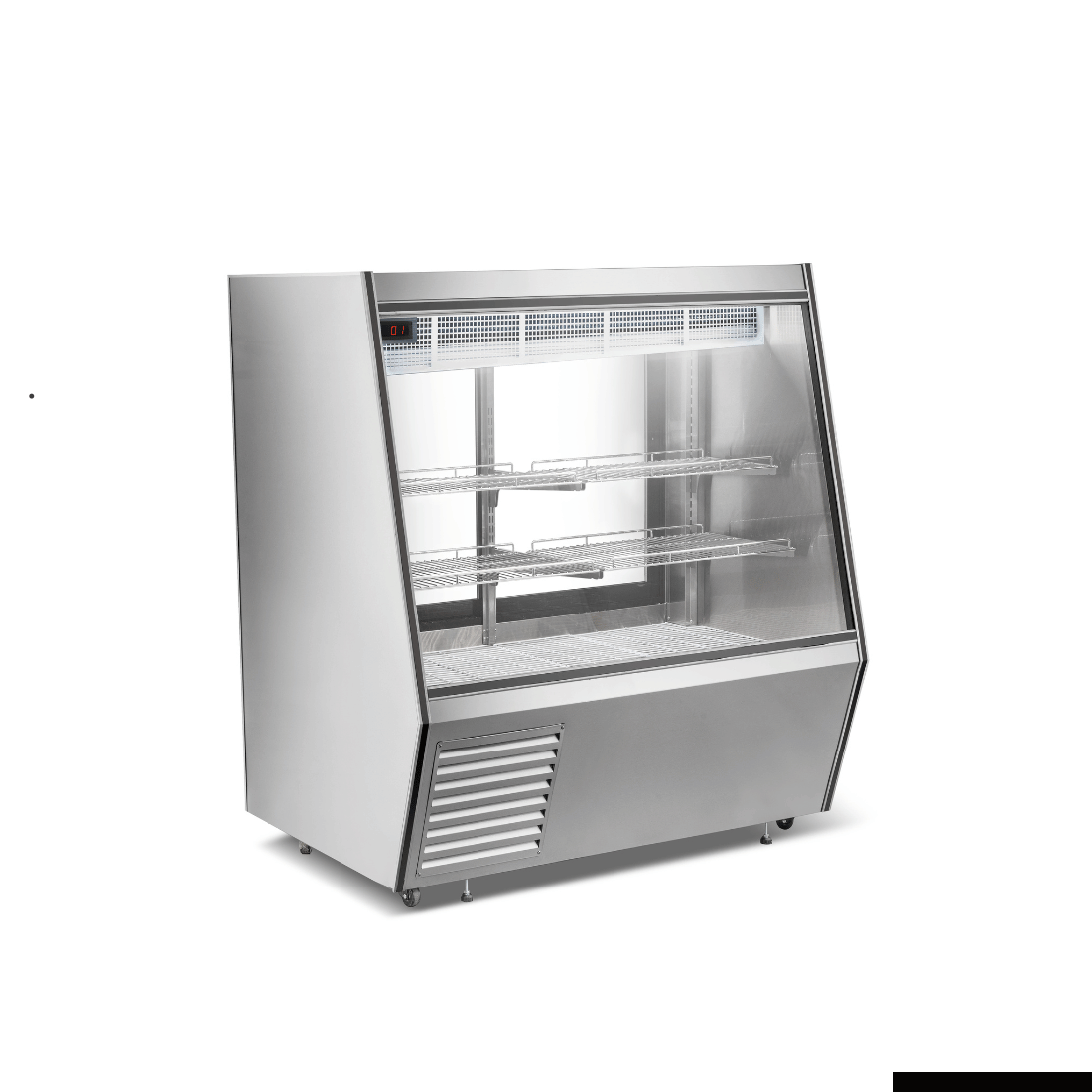 Bonvue AMS-12 refrigerated deli, meat and seafood display case with stainless steel over-shelf setup