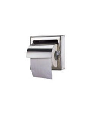 Bright polished stainless steel 3Monkeez toilet roll holder with hood, modern washroom accessory, wall-mounted design.