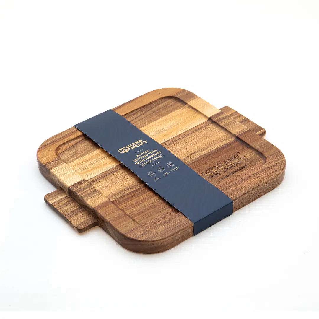 HAND KRAFT ACACIA SERVING TRAY WITH HANDLE 375 X 300 X 25MM