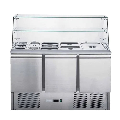 FED-X Three Door Salad Prep Fridge with Glass Top - XS903GC. - Hospitality Connect