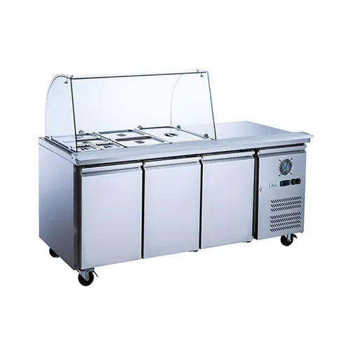 FED-X Three Door Salad Prep Fridge with Curve Glass Top - XTHP3100SALGC. - Hospitality Connect