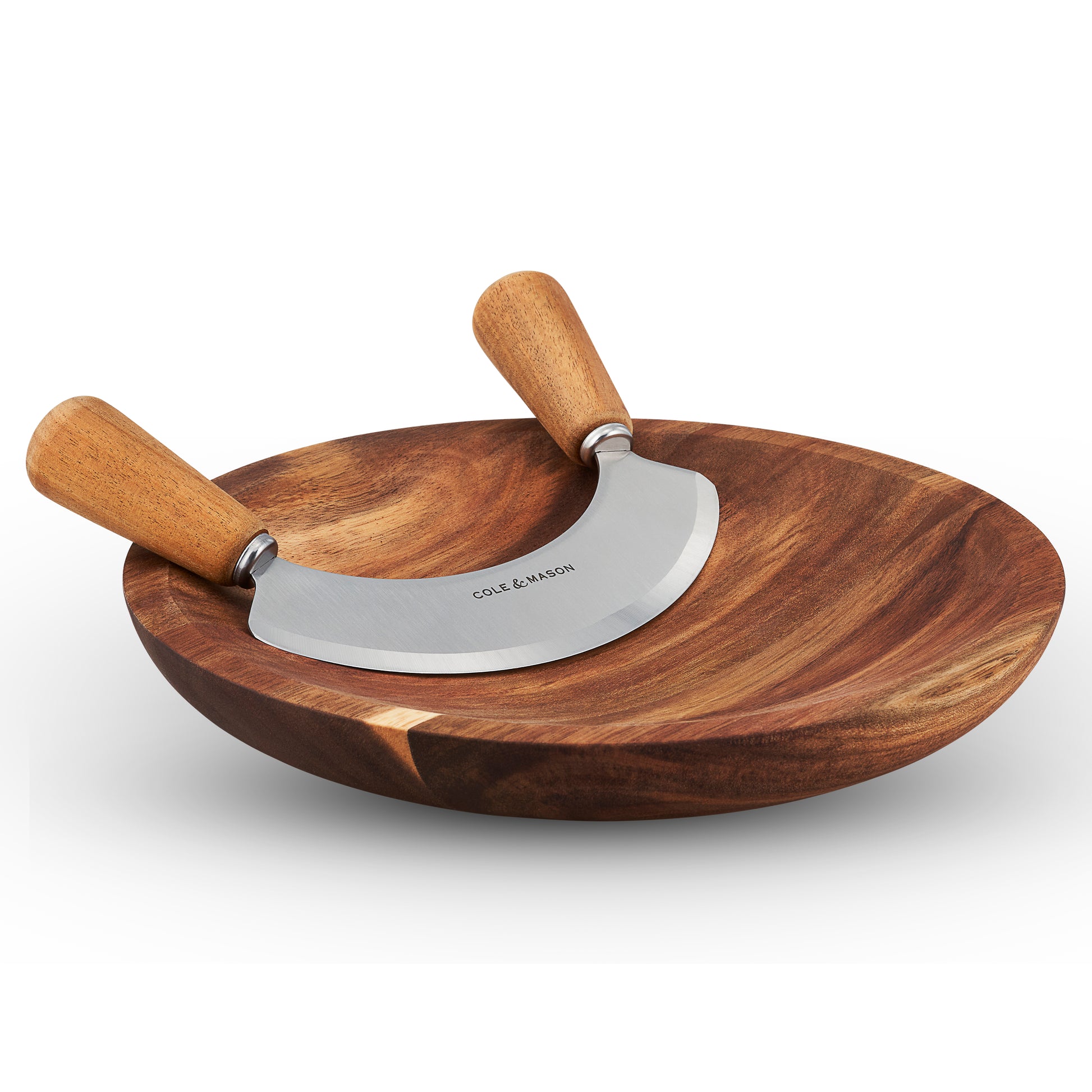 Cole & Mason Ashden acacia wood mezzaluna with cutting board for chopping herbs and vegetables.