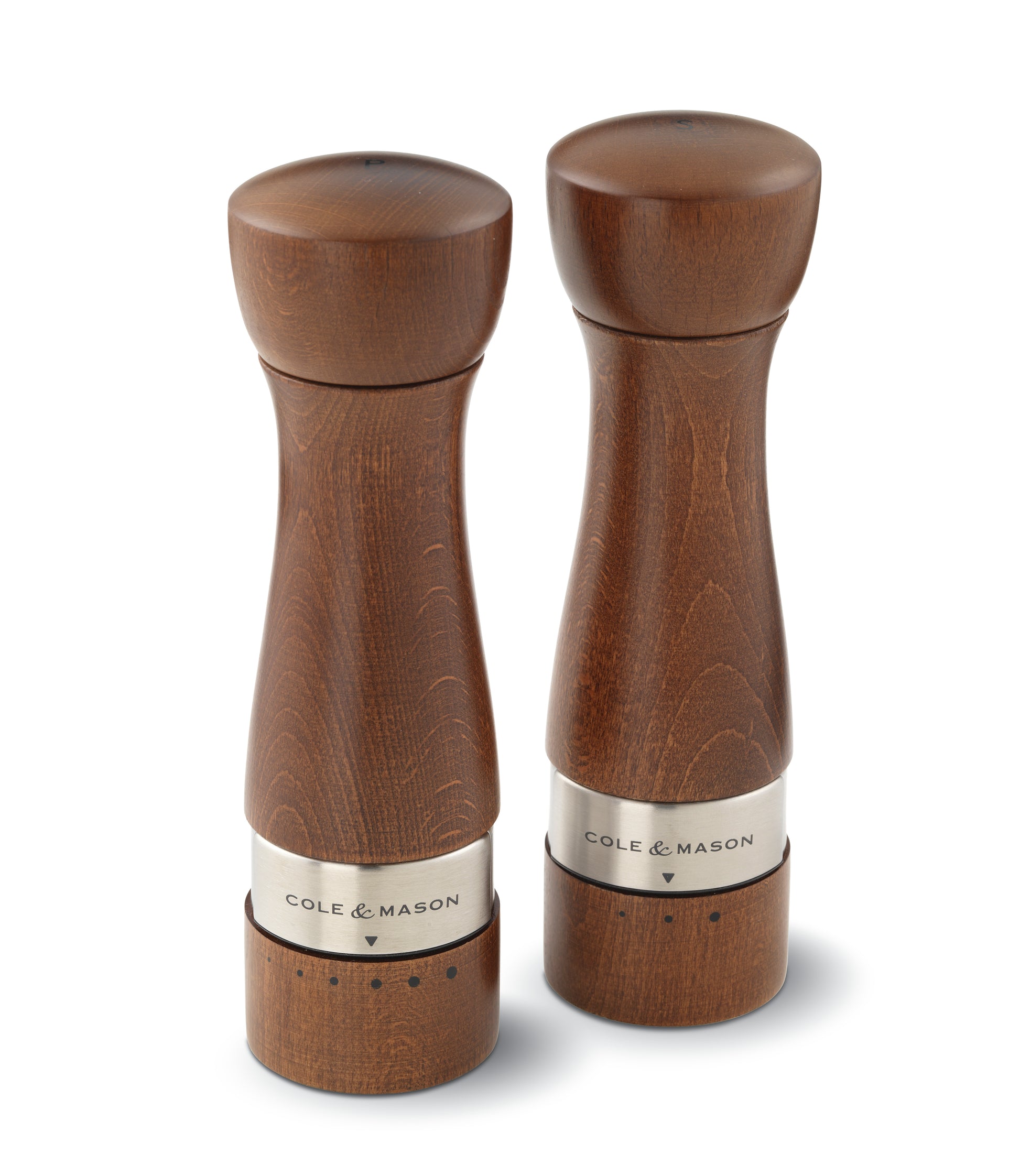 Cole & Mason Melbury salt and pepper shakers set with elegant glass bodies and stainless steel accents.