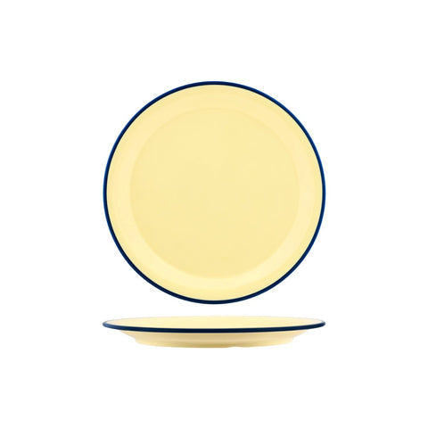 JAB VINTAGE YELLOW/BLUE RIM ENAMEL LOOK ROUND PLATE 255mm Box of 6 - Hospitality Connect