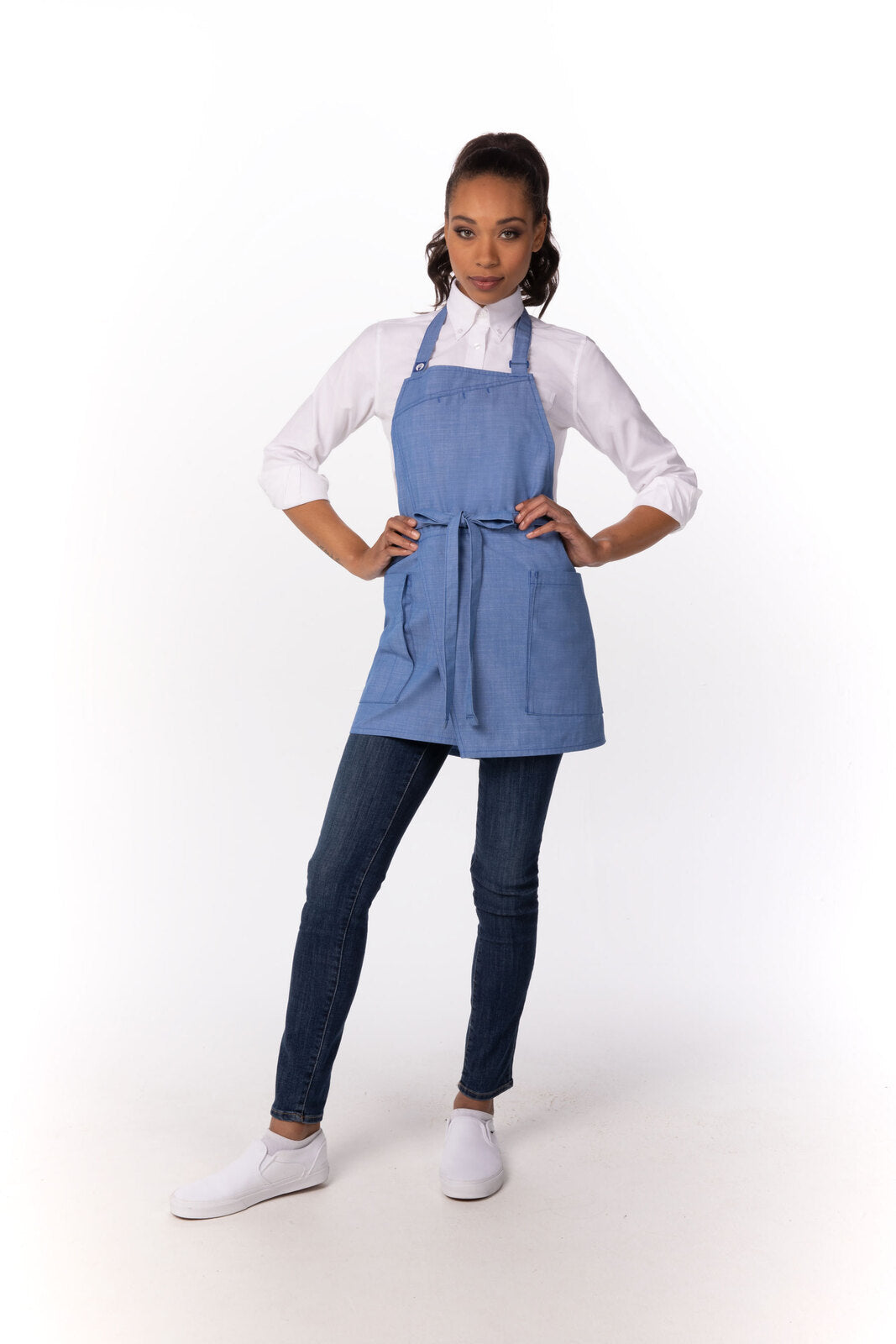 Chef works Medford Short Bib Apron- French Blue - Hospitality Connect