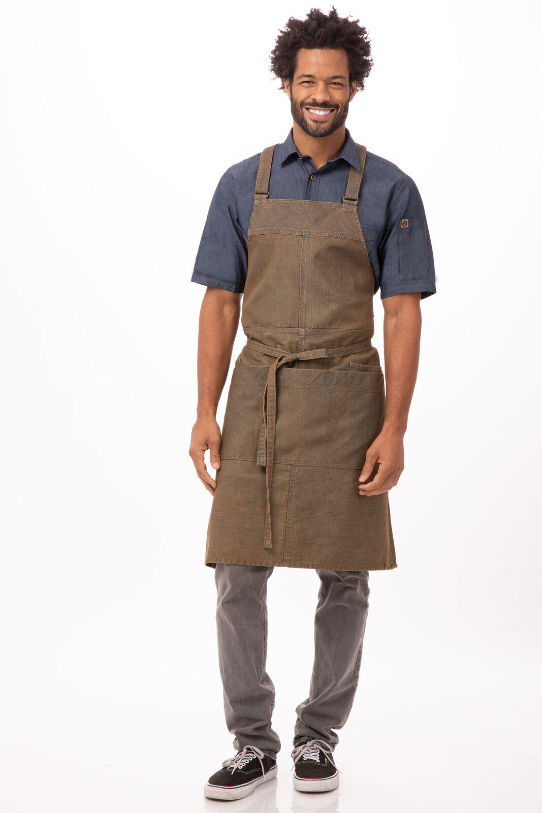 Chef Works Uptown Cross-Back Bib Apron- Blue Taupe - Hospitality Connect