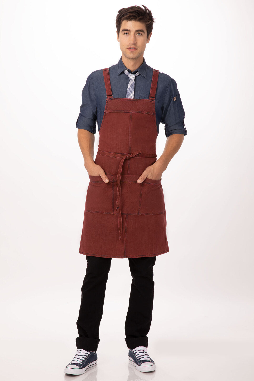 Chef work Uptown Cross-Back Bib Apron- Red Navy - Hospitality Connect