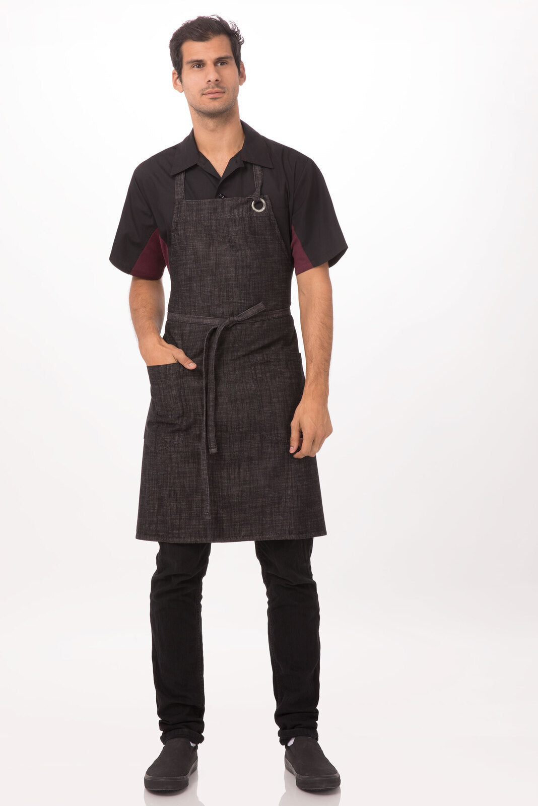 Chef Works Corvallis Bib Apron- Black Burgundy - Hospitality Connect